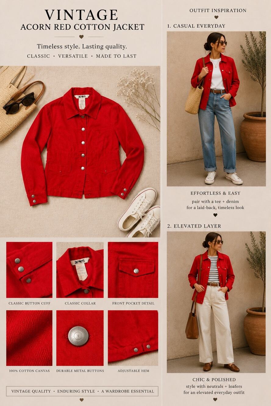 Vintage Acorn Red Cotton Jacket Womens M Snap Front Utility Chore Jacket Y2K